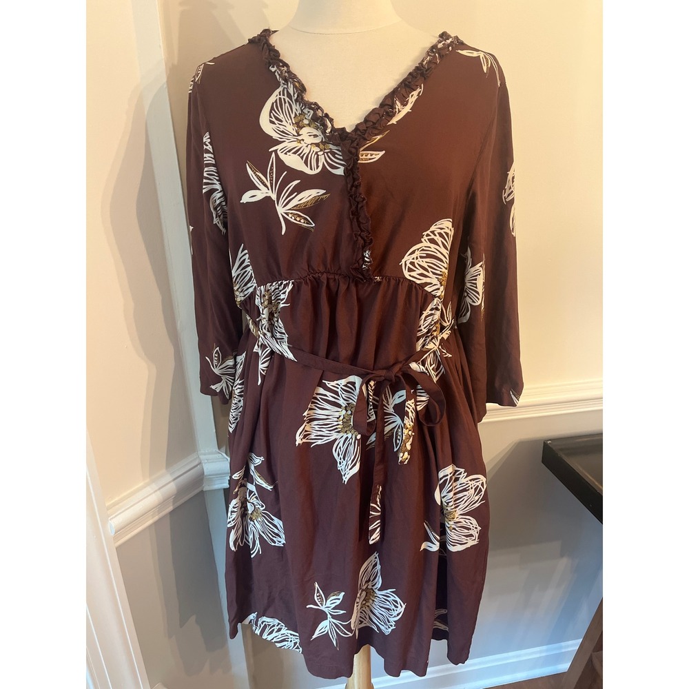 April Cornell Shift Tie Dress Brown White Tropical Floral Print Pockets Large